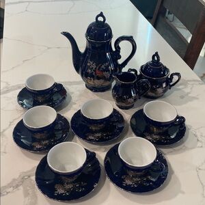 Vintage Yamato Japanese Cobalt Blue Porcelain Tea Set for 6